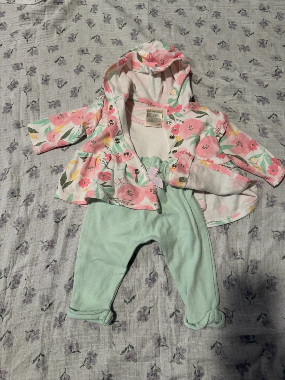 First Impressions Pink Floral Hooded One-Piece with Mint Legs